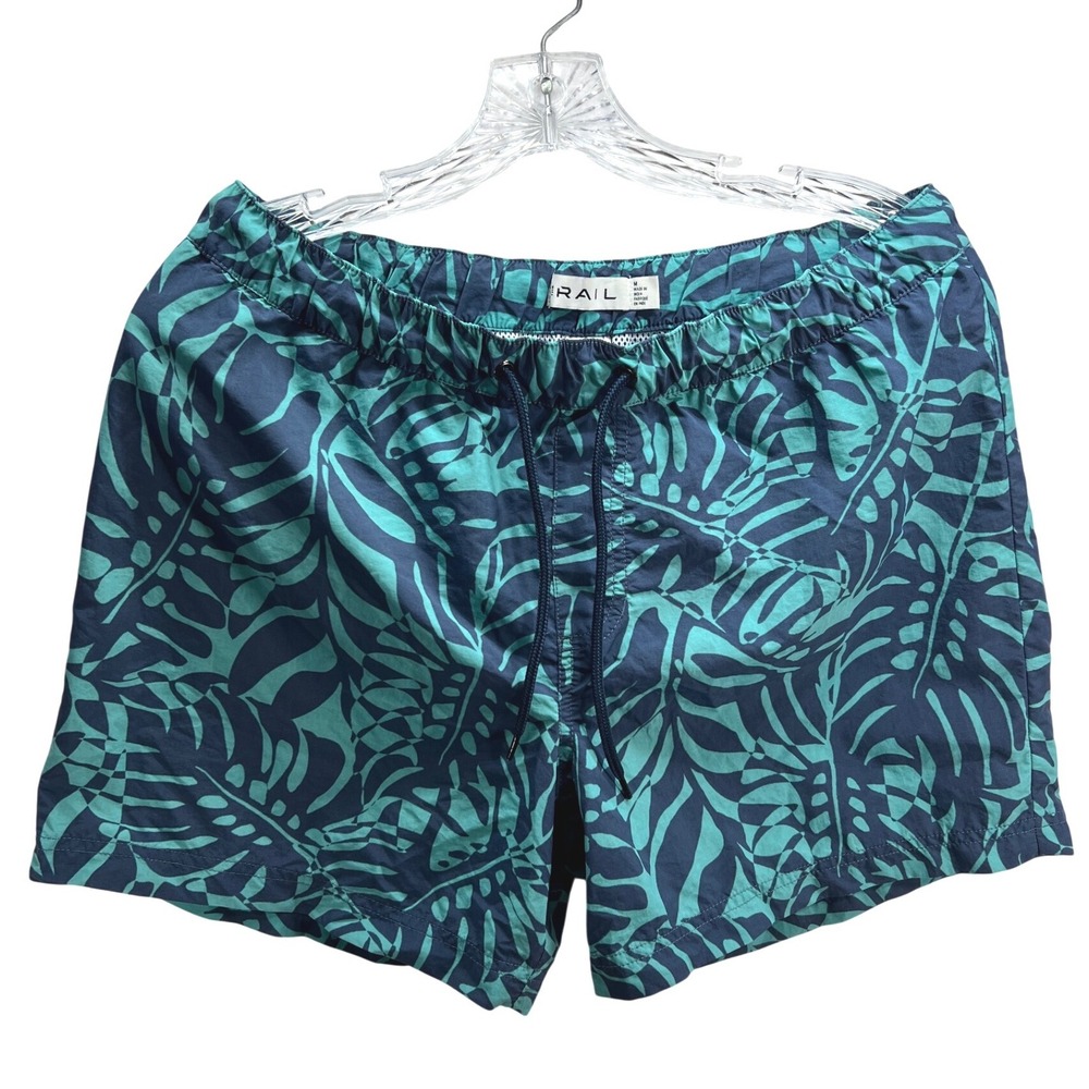 The Rail Mens Teal Navy Tropical Leaf Print Swim Trunks Shorts Size Medium
